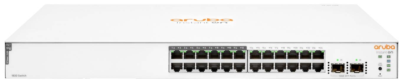 Un commutateur réseau blanc Aruba avec 24 ports Ethernet et deux ports SFP, adapté pour une utilisation dans les réseaux d'entreprise.