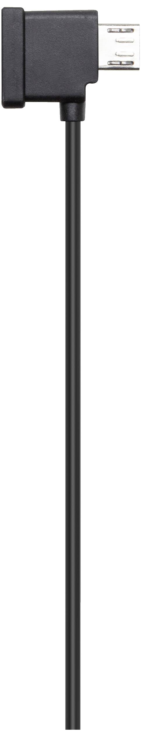 Un câble Micro-USB noir avec une fiche coudée, utilisé pour connecter des appareils électroniques.