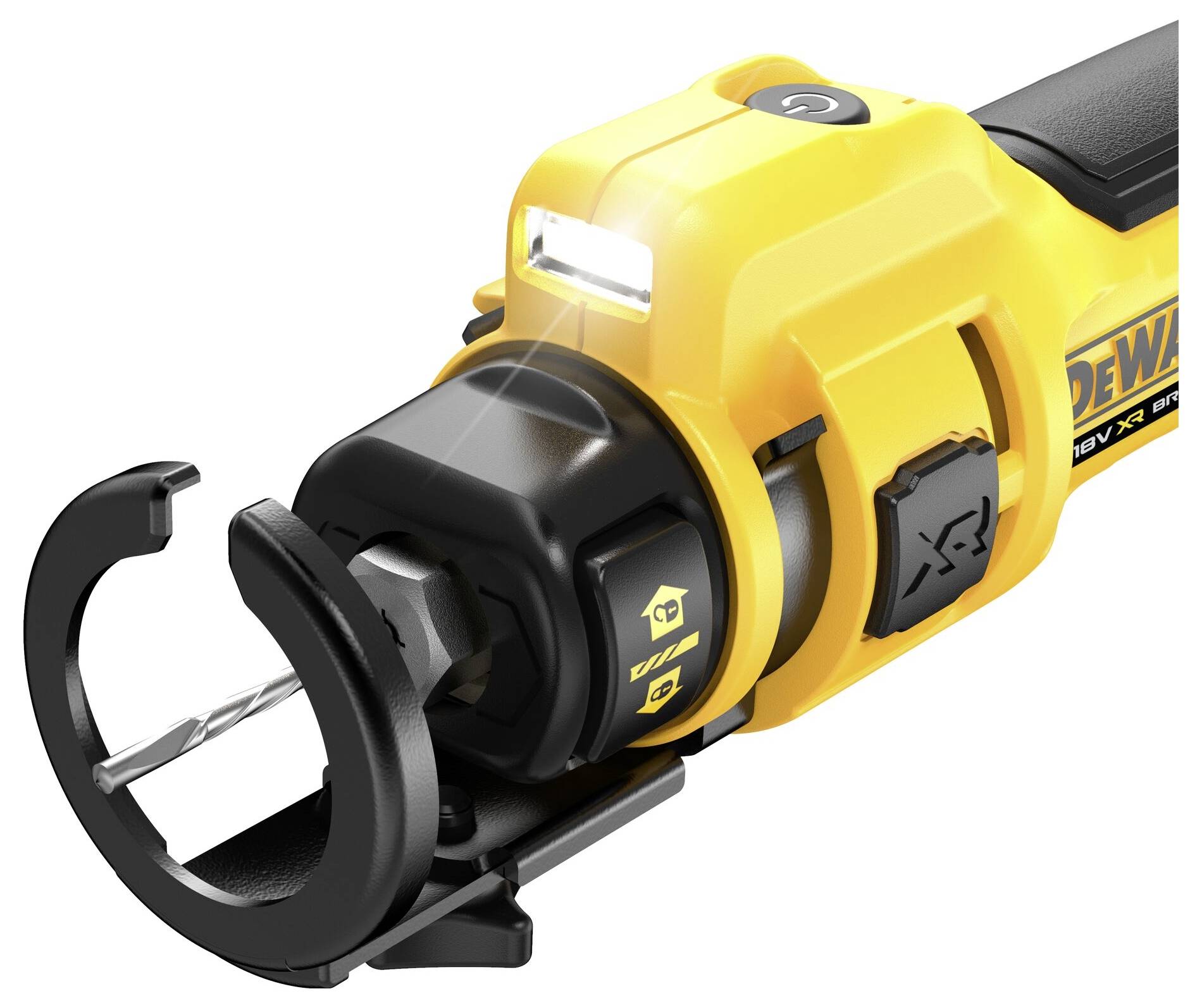 Un tournevis-perceuse électrique jaune avec embout de forage, lumière LED et poignée bimanuelle. Nom de marque partiellement visible.