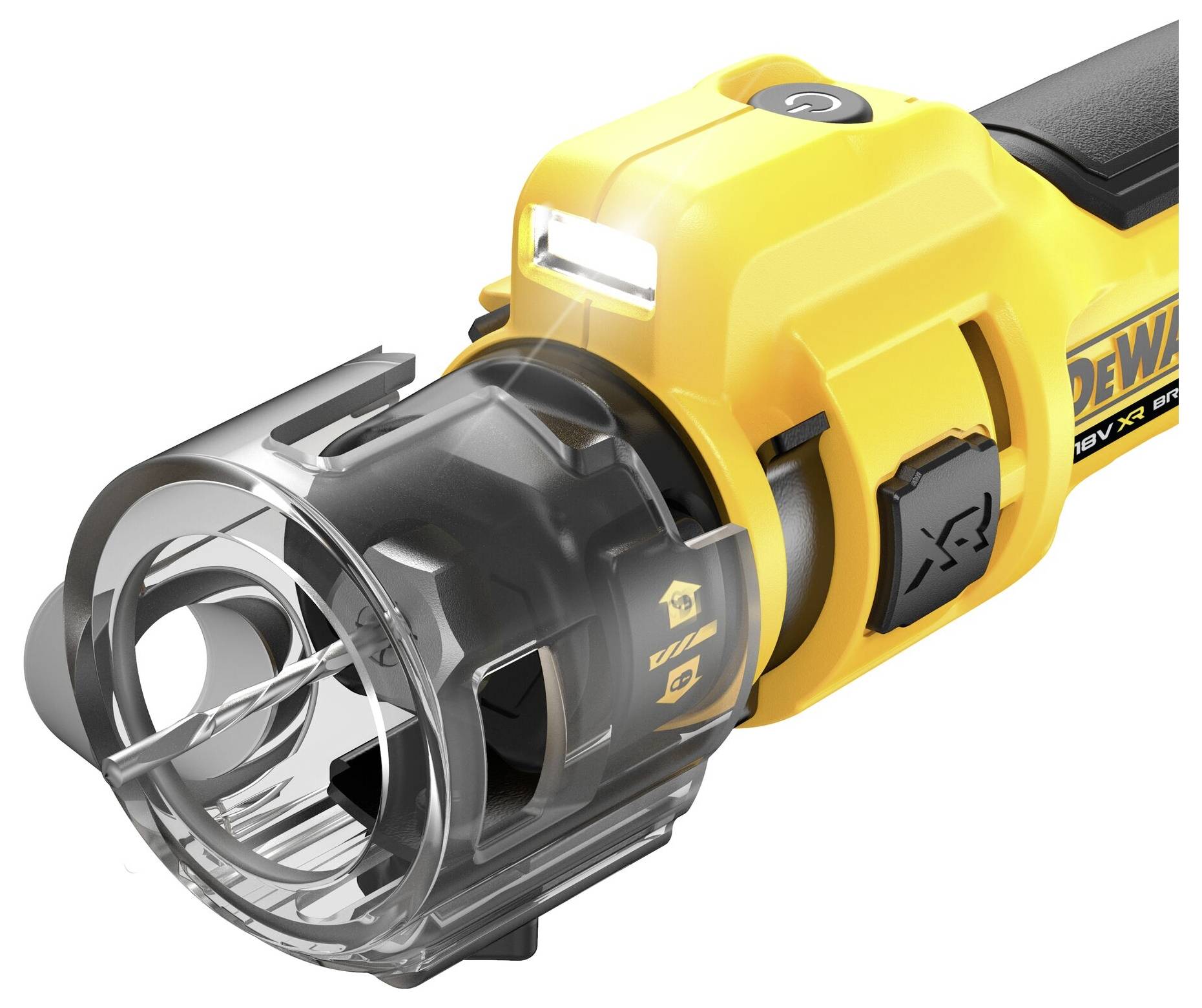 Un outil électrique jaune avec une poignée noire, un capot de protection transparent et un éclairage LED ; utilisé pour poncer ou couper.