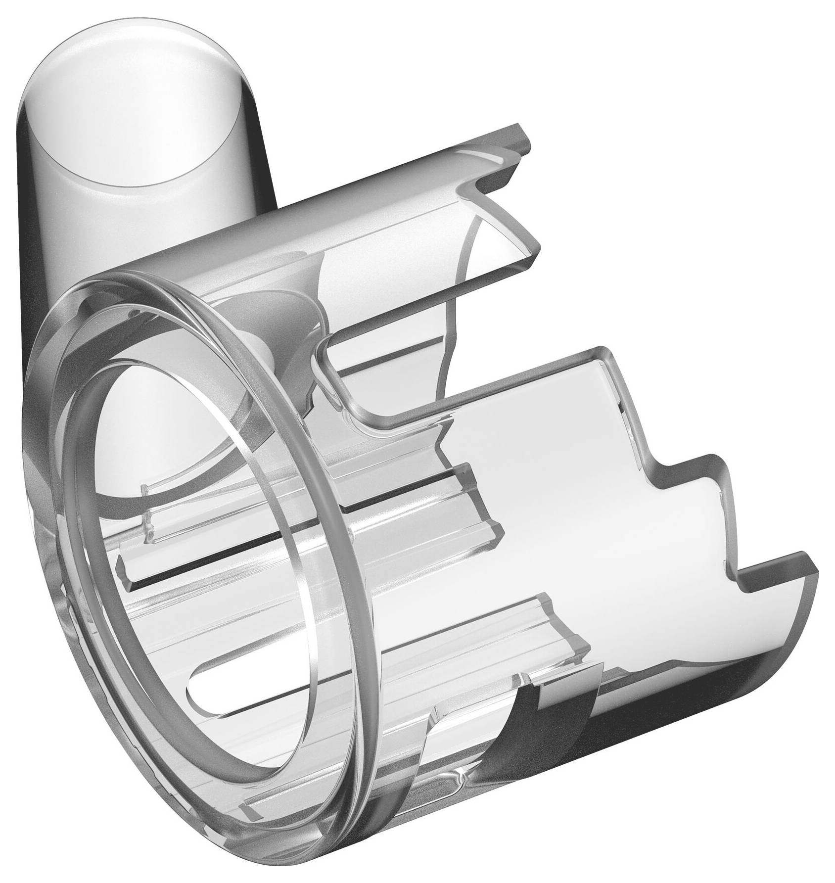 Pièce transparente en plastique de forme rectangulaire avec des bords arrondis et plusieurs rainures ; probablement un composant technique.