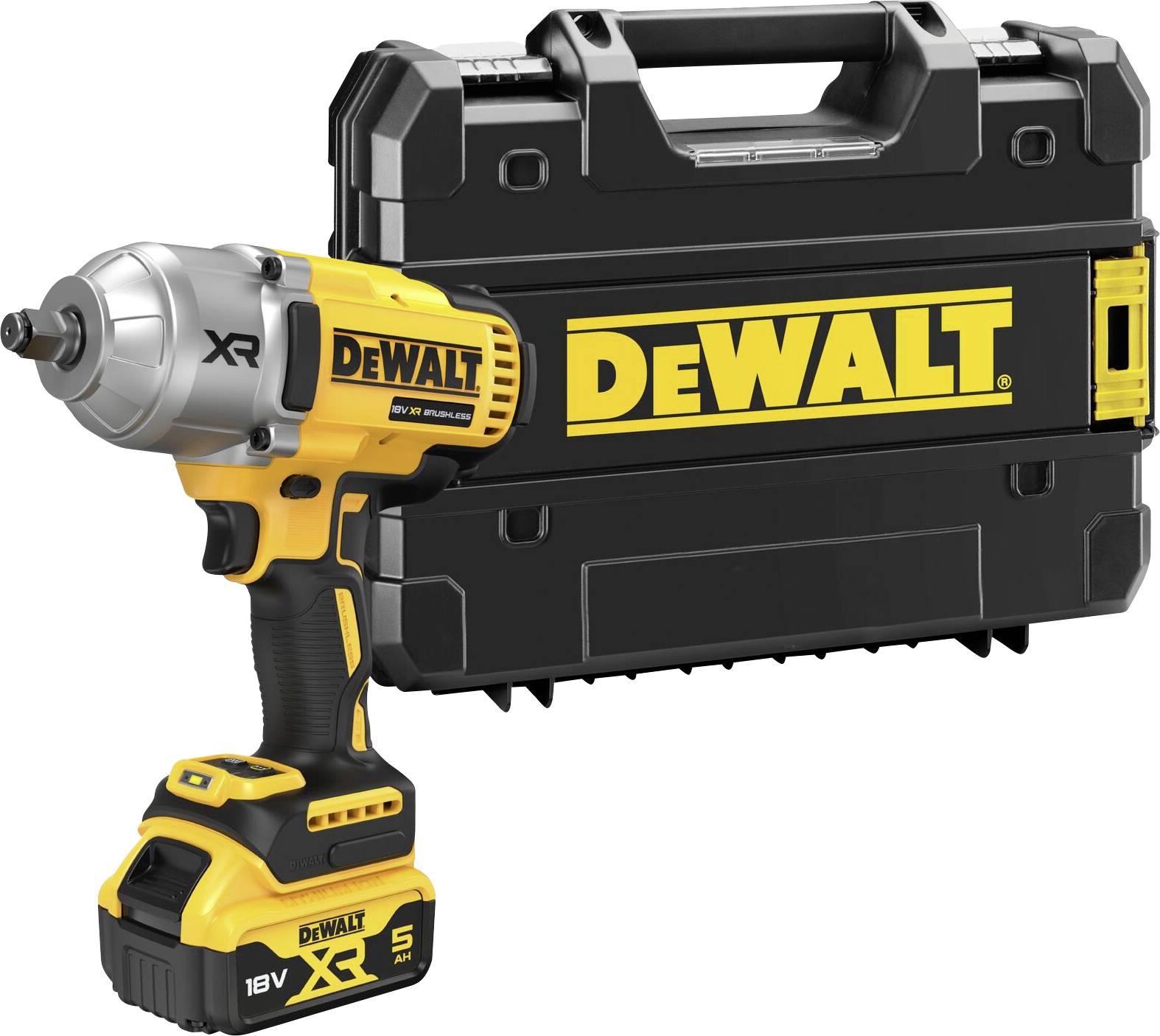 Visseuse à chocs et mallette de transport DeWalt. Outil en noir et jaune avec batterie XR 18V. Mallette avec logo DeWalt.