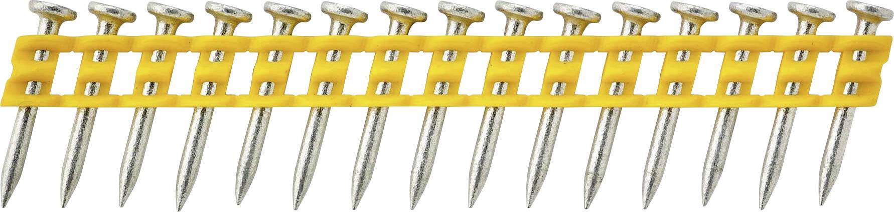 Une rangée de clous fixés sur une bande en plastique jaune, probablement destinée à un dispositif de clouage, alignés uniformément et prêts à être utilisés.
