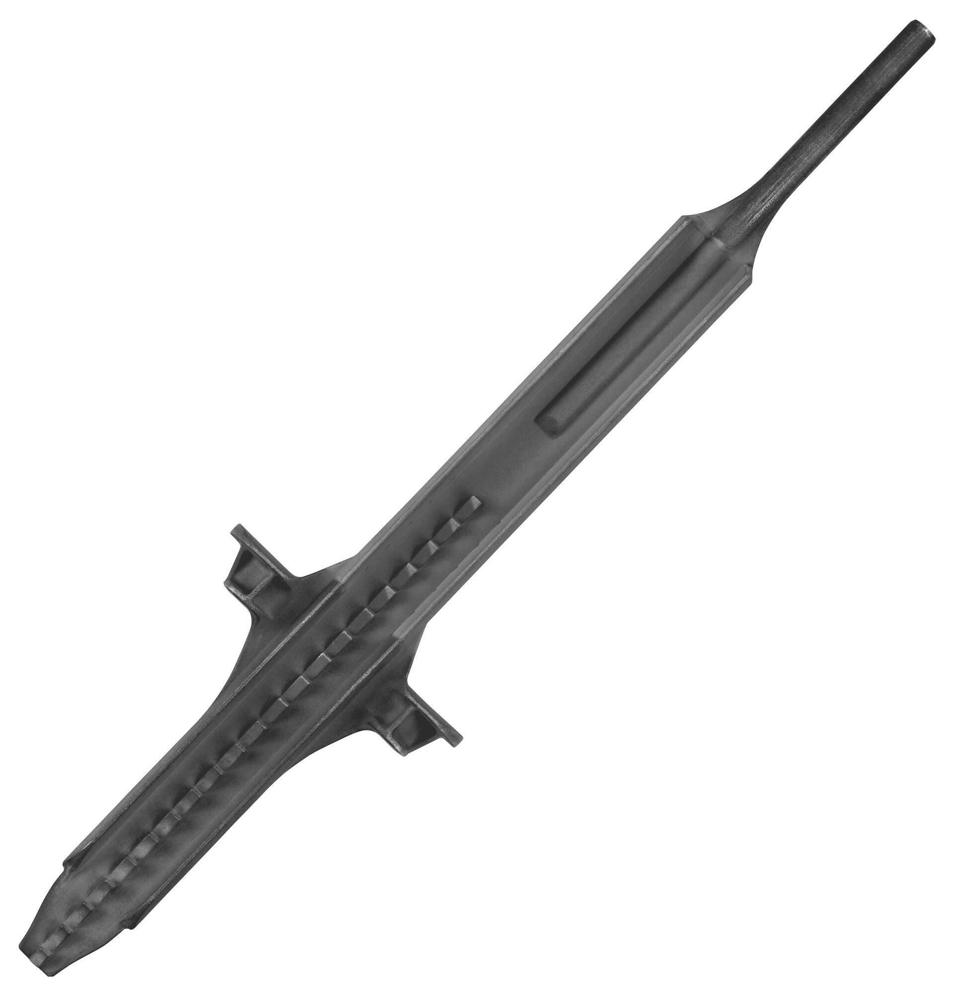 Outil long, ergonomiquement conçu avec des rainures et une poignée, probablement développé pour soulever ou faire tourner des objets.