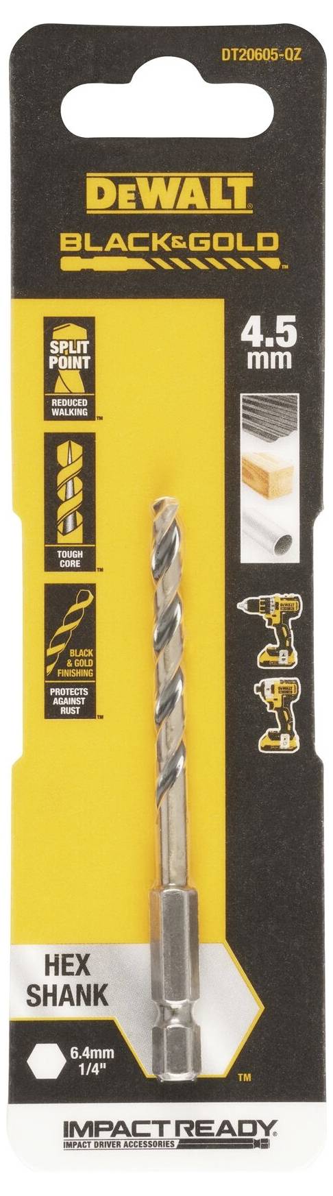DEWALT DT20605-QZ HSS-G Foret pour le métal 1 pièce 4.5 mm Longueur totale 86 mm protégé contre la corrosion hexagonal 1 pc(s)