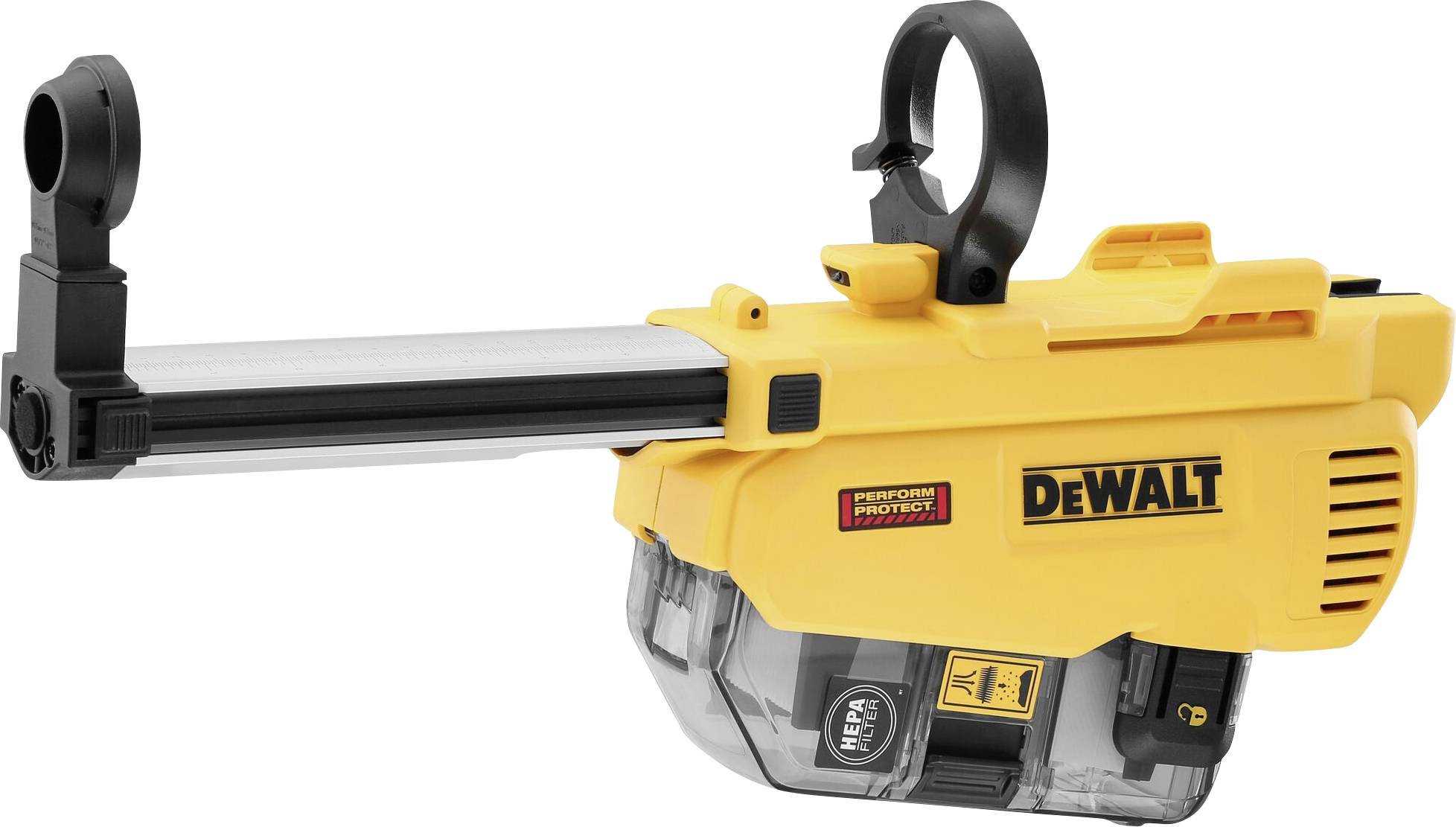 Embout d'aspirateur en jaune portant le logo d'une marque d'outils réputée, conçu pour se connecter aux outils électriques afin d'aspirer la poussière.