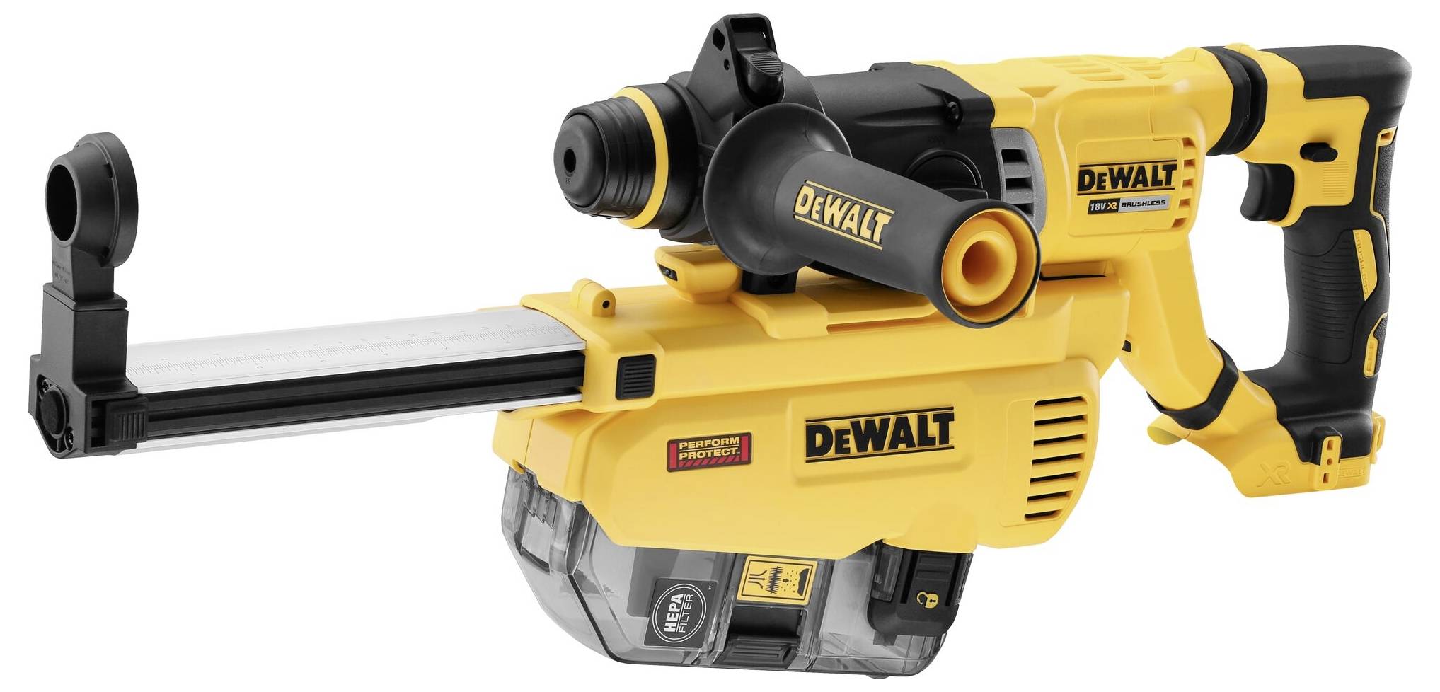 Marteau perforateur sans fil jaune de DEWALT avec poignée noire et aspirateur intégré.
