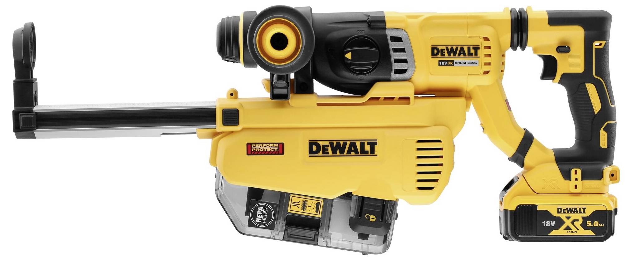 Un outil électrique DeWalt jaune avec batterie, adapté aux travaux de construction ou de rénovation. Il est ergonomique et portable.