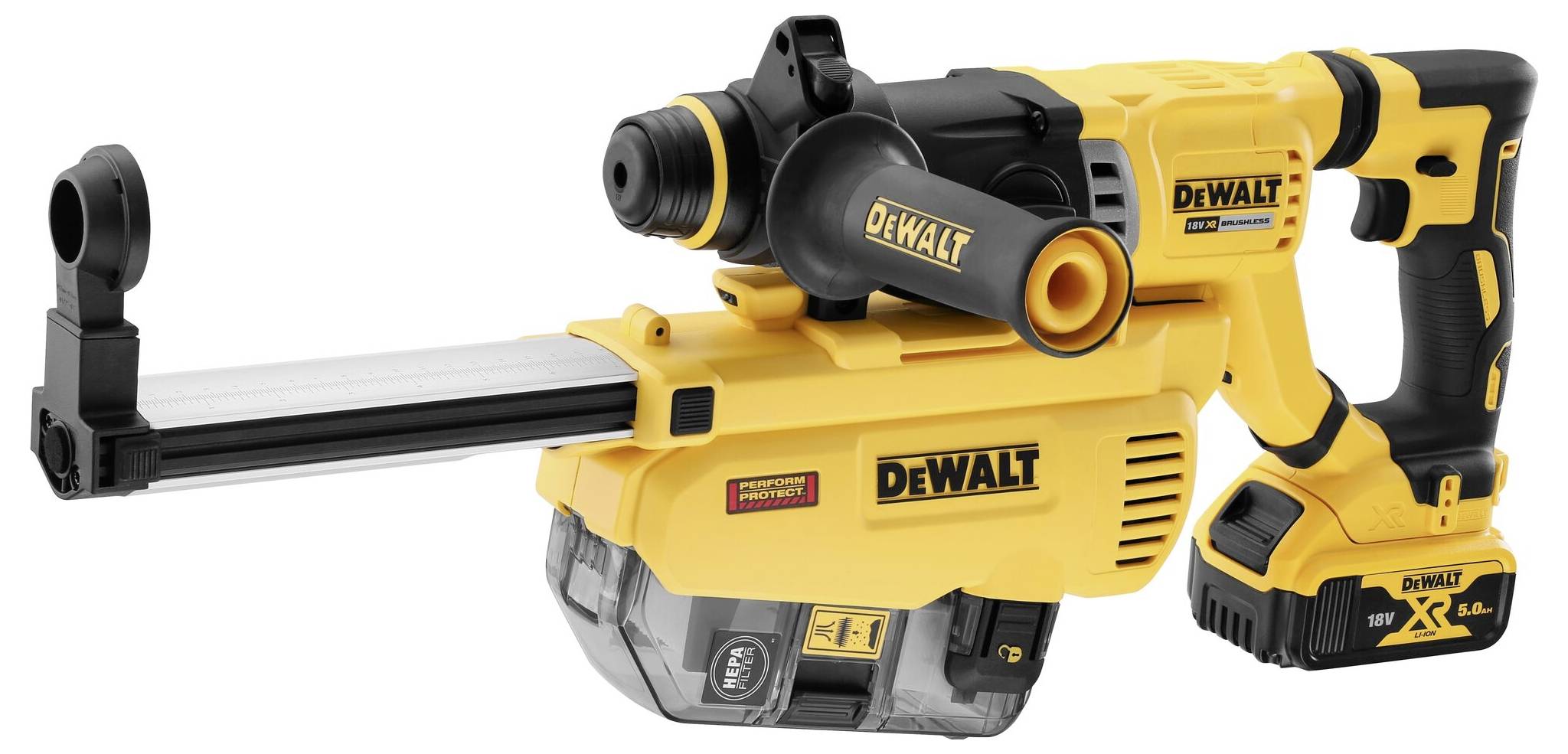 Un marteau perforateur jaune DeWalt à batterie, avec système d'aspiration des poussières, poignée latérale et poignée noire. Le nom de la marque et le numéro de modèle sont visibles.