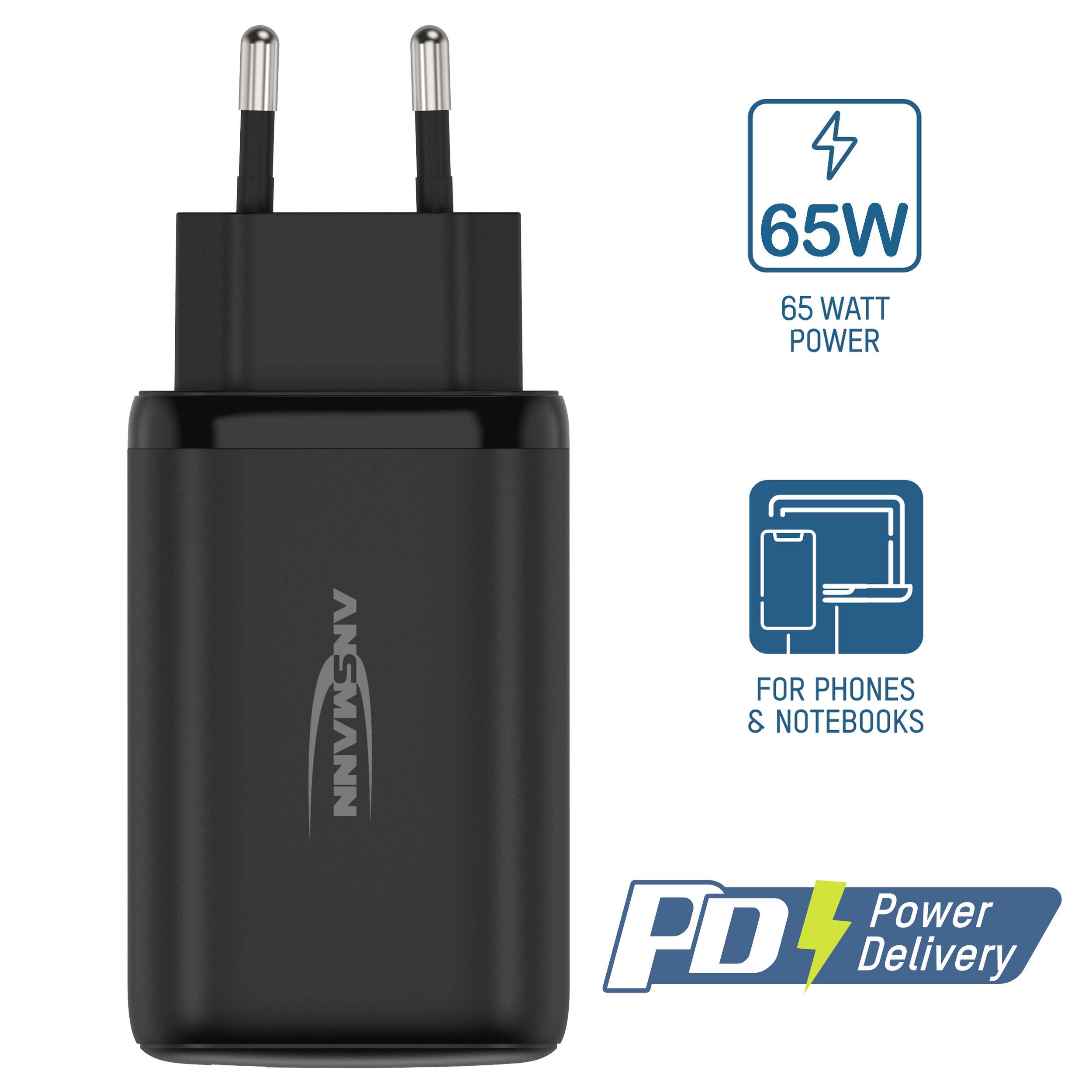 Chargeur noir de 65 watts avec Power Delivery USB-C pour téléphones et ordinateurs portables. Illustrés avec une prise secteur et des symboles.