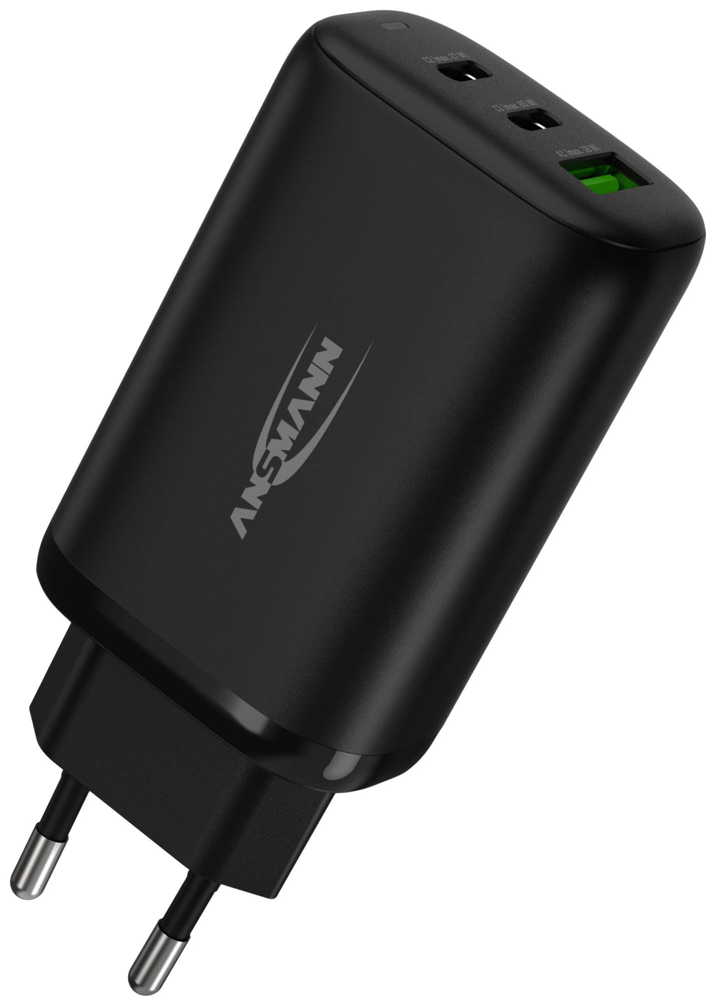 Chargeur USB noir avec trois ports, dont deux ports USB-C et un port USB-A. Design compact avec fiche secteur.