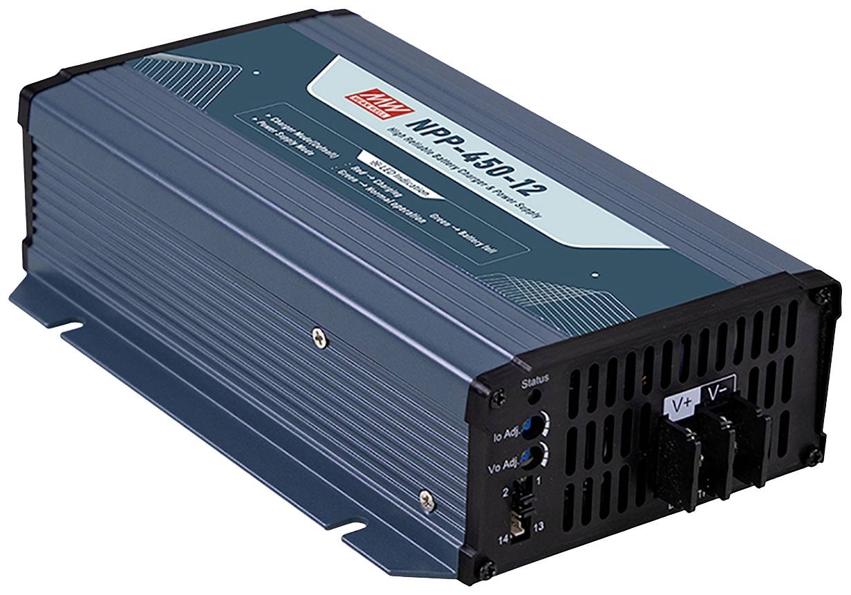 Un appareil électronique bleu, identifié comme 'NPP-450-12' de Mean Well. Il dispose de connexions et d'un boîtier métallique nervuré.