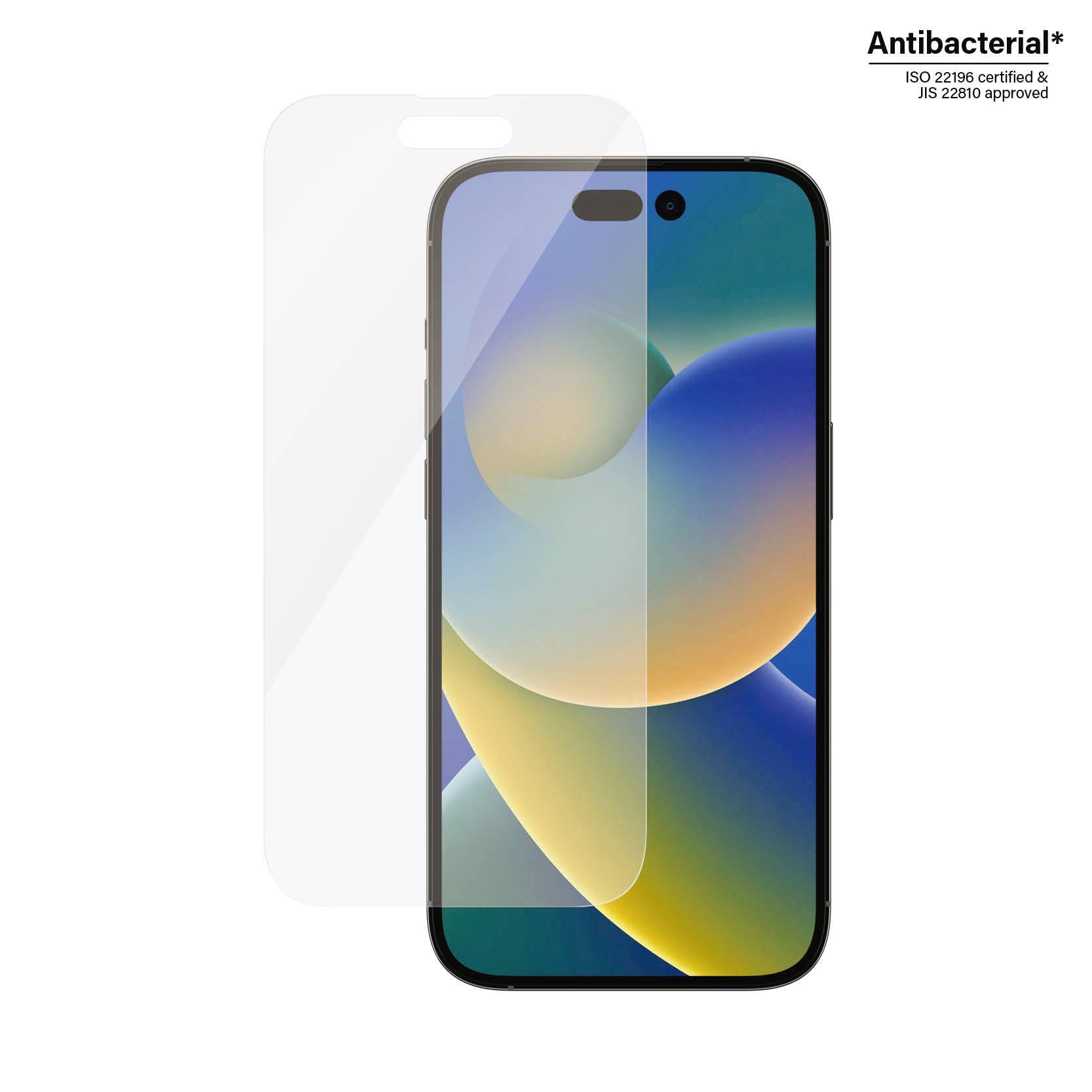 Smartphone avec un graphique coloré à l'écran, recouvert d'une protection d'écran transparente. Texte en haut à droite : « Certifié antibactérien ISO 22196 ».