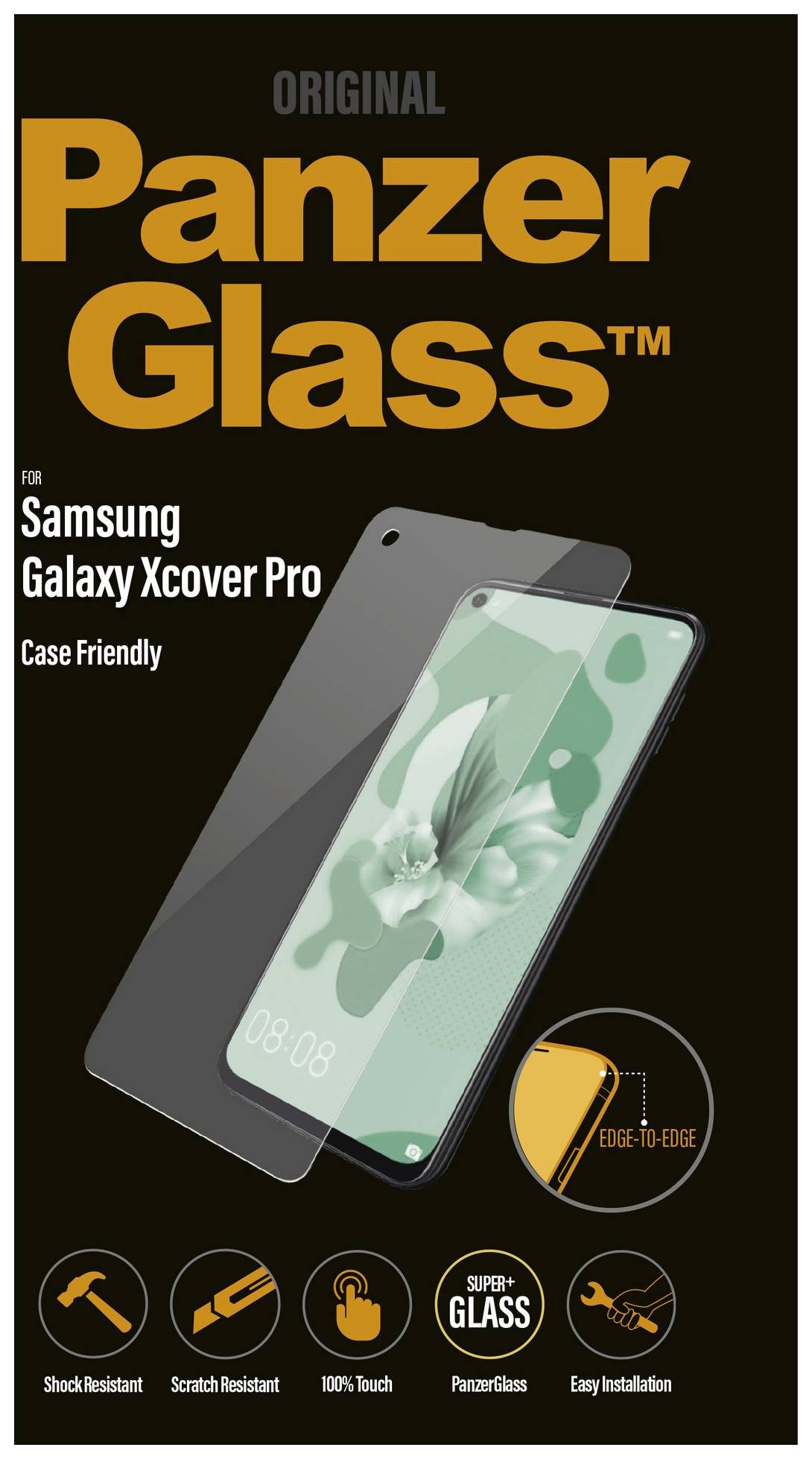 Film de protection pour Samsung Galaxy Xcover Pro dans son emballage. Caractéristiques : résistant aux chocs, anti-rayures, 100% tactile, installation facile.