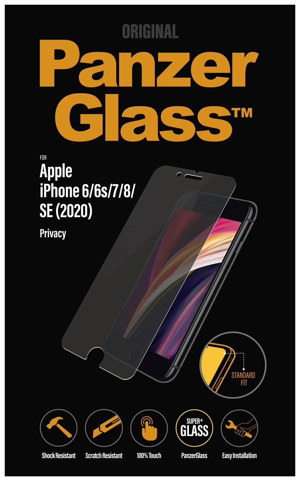 Emballage d'un verre trempé pour Apple iPhone 6/6s/7/8/SE (2020) avec un accent mis sur la résistance aux chocs, la résistance aux rayures et une installation facile.