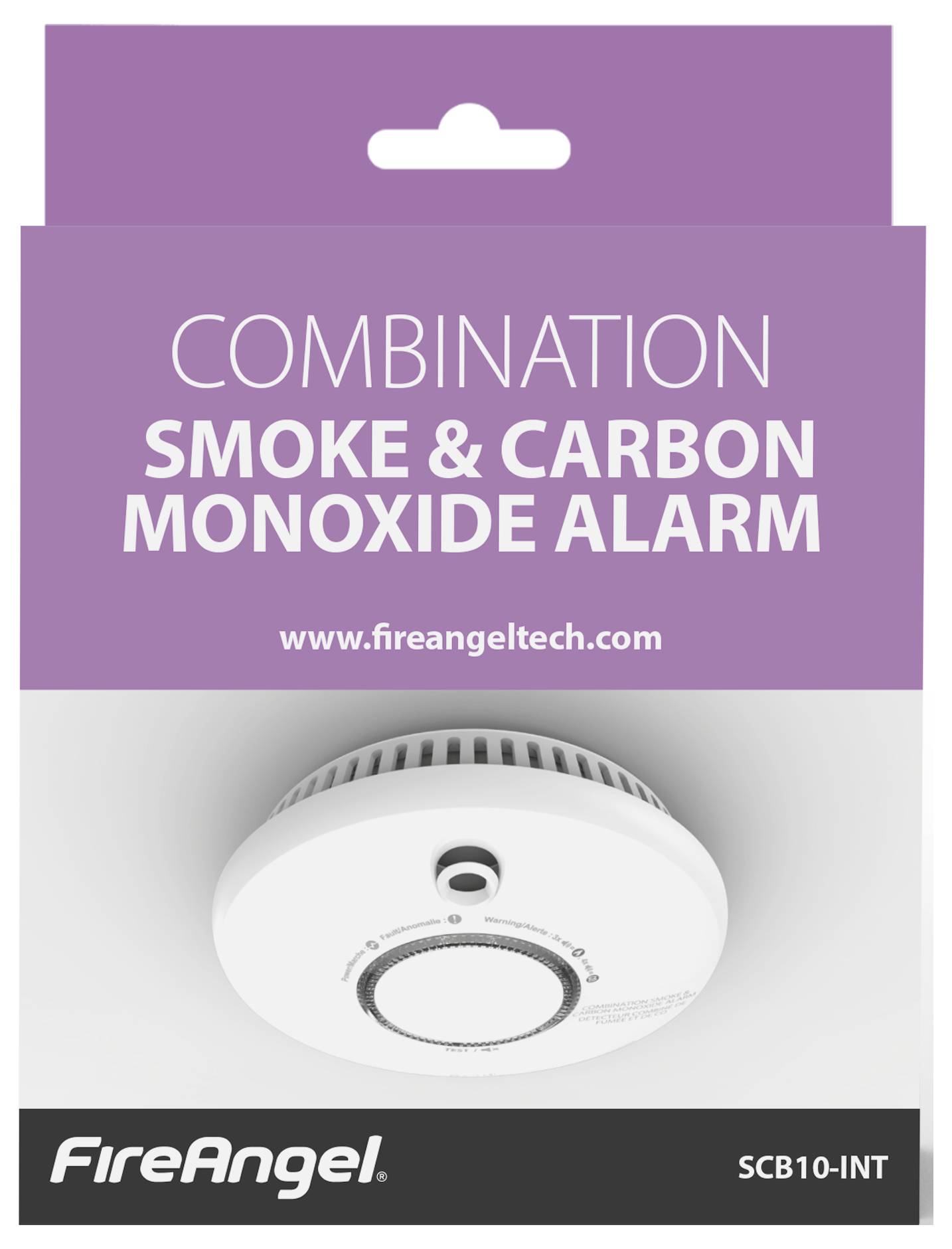 Détecteur combiné de fumée et de monoxyde de carbone de FireAngel. Présentation de l'emballage du produit avec illustration du produit et URL du site web.