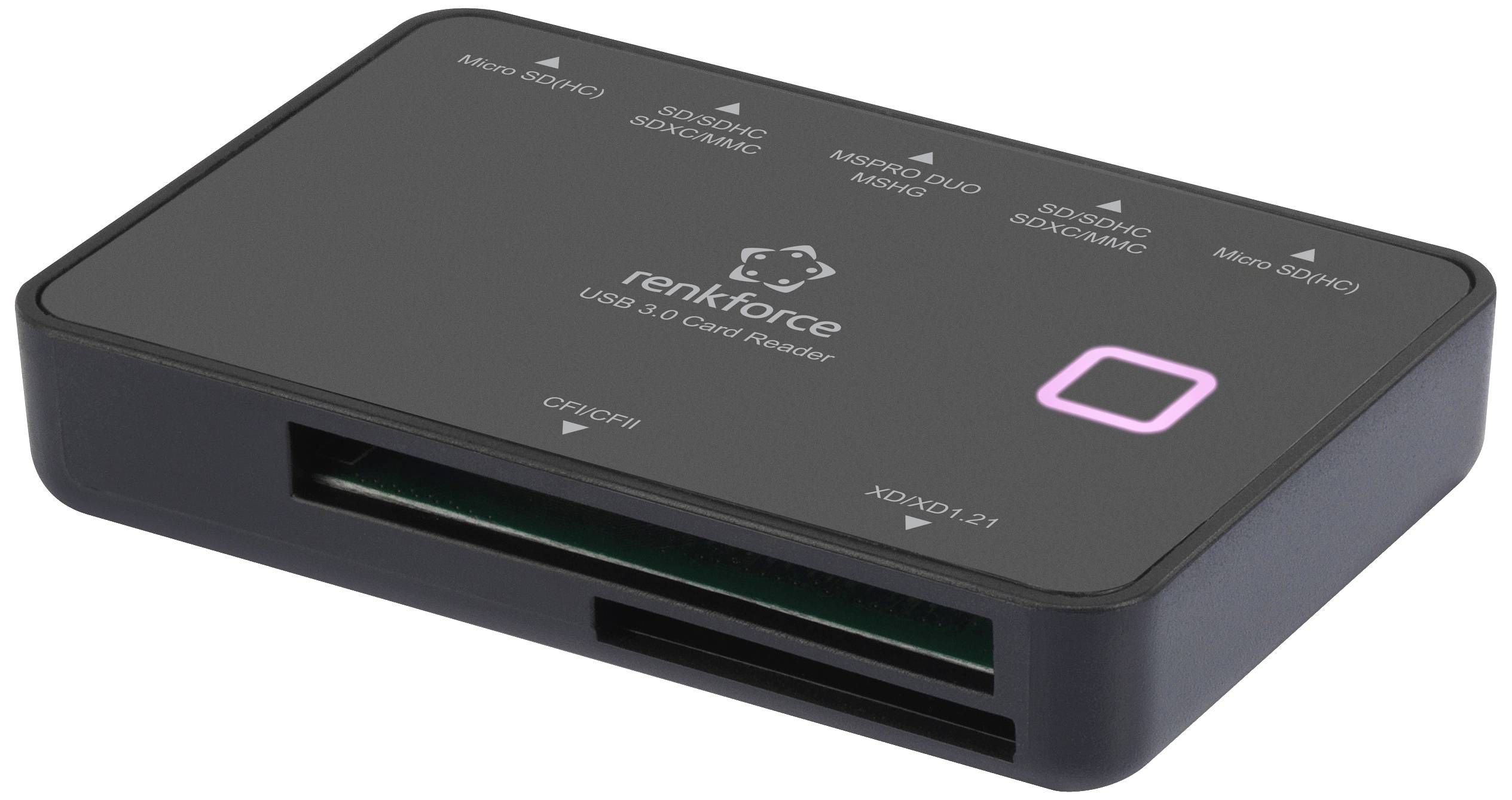 Un lecteur de cartes USB 3.0 noir de Renkforce avec plusieurs emplacements pour différents formats de cartes mémoire.