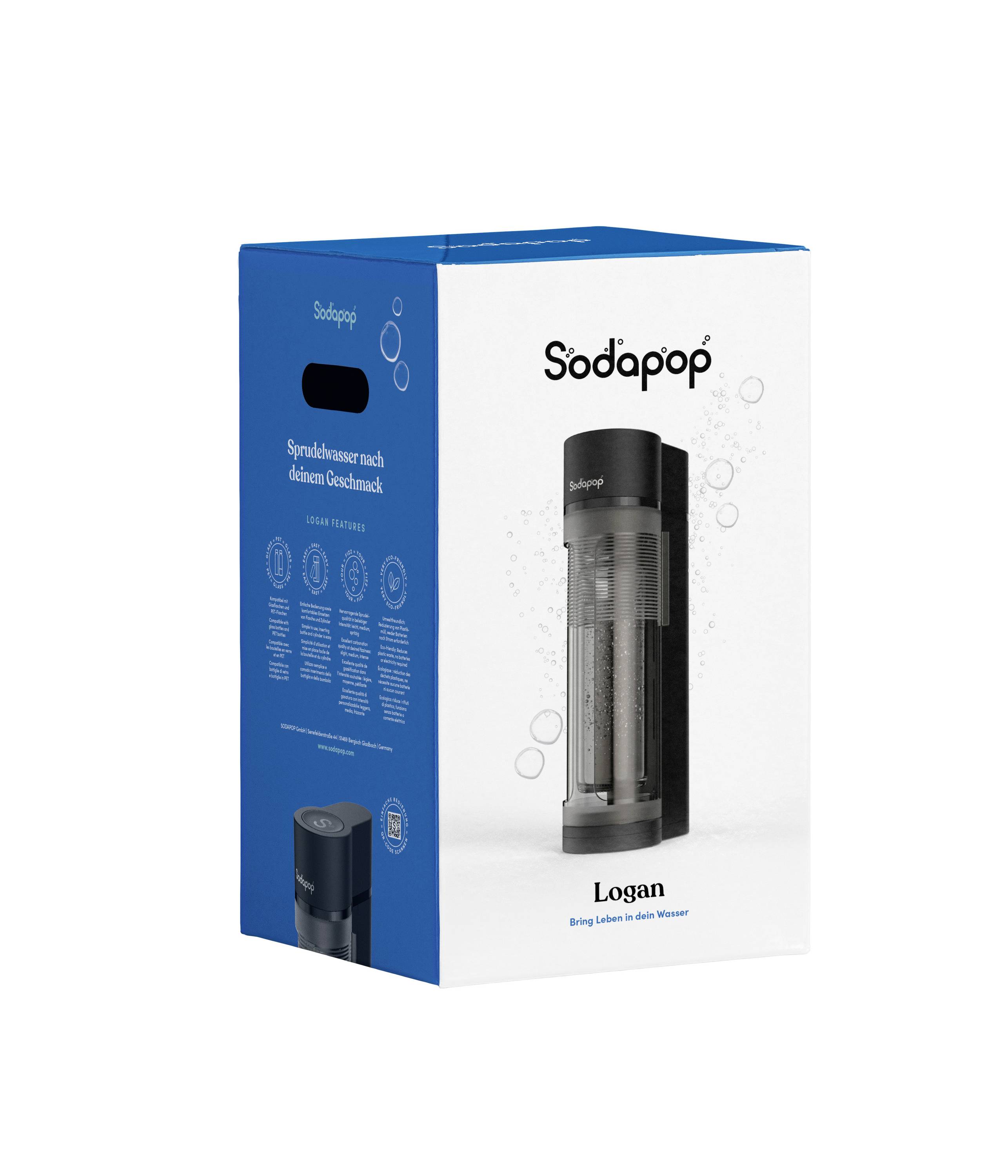 Un emballage rectangulaire d'un Soda-Maker de la marque 'Sodapop', modèle 'Logan', présenté en noir avec une image du produit et le logo de la marque.