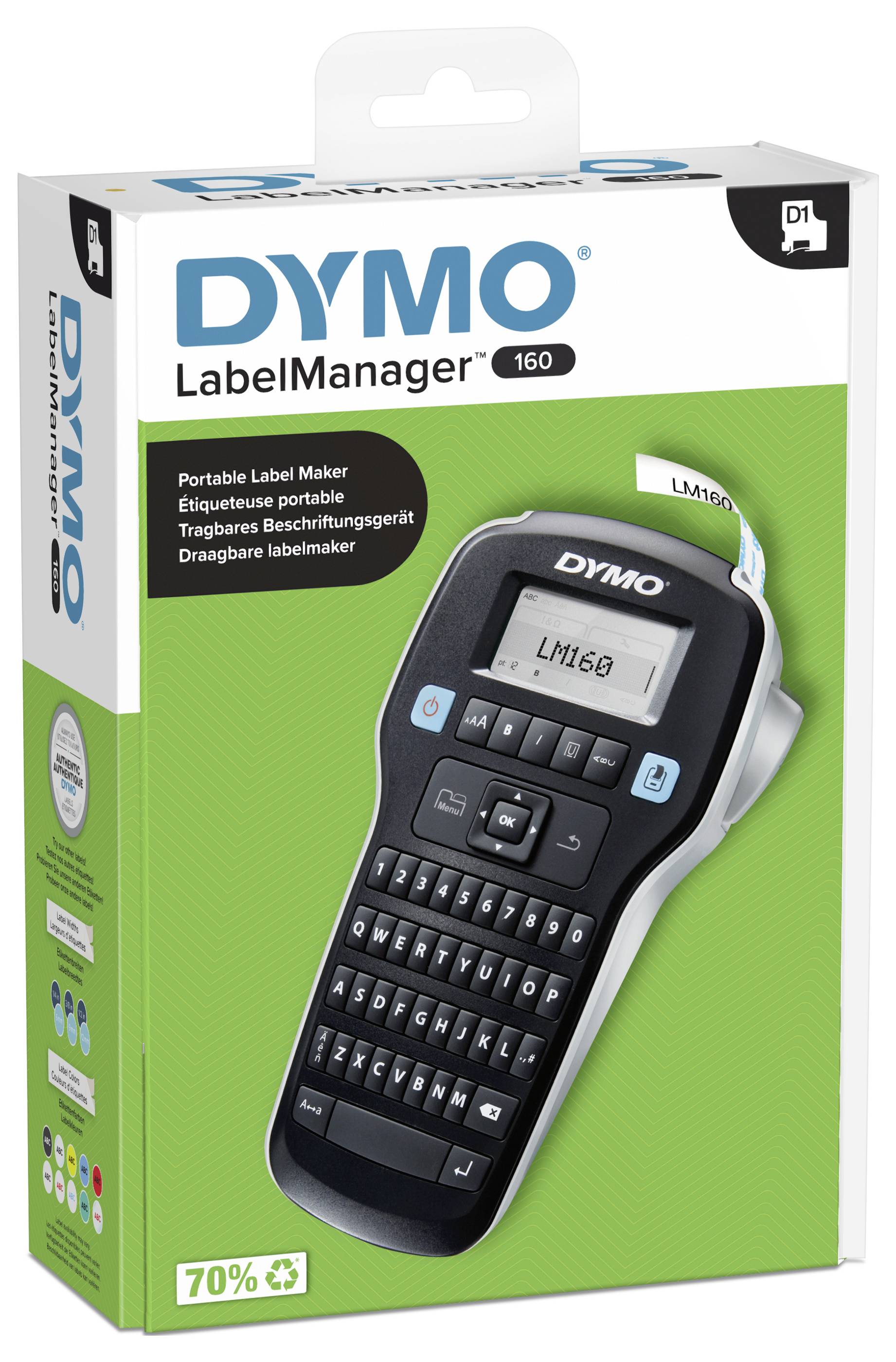 Étiqueteuse portable DYMO LabelManager 160 dans son emballage, présentée avec des étiquettes et des spécifications sur la face avant.