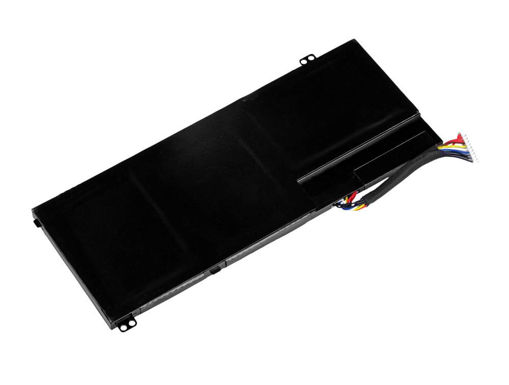 Une batterie d'ordinateur portable avec un câble de connexion, montrant plusieurs fils colorés qui en sortent. La batterie est rectangulaire et noire.