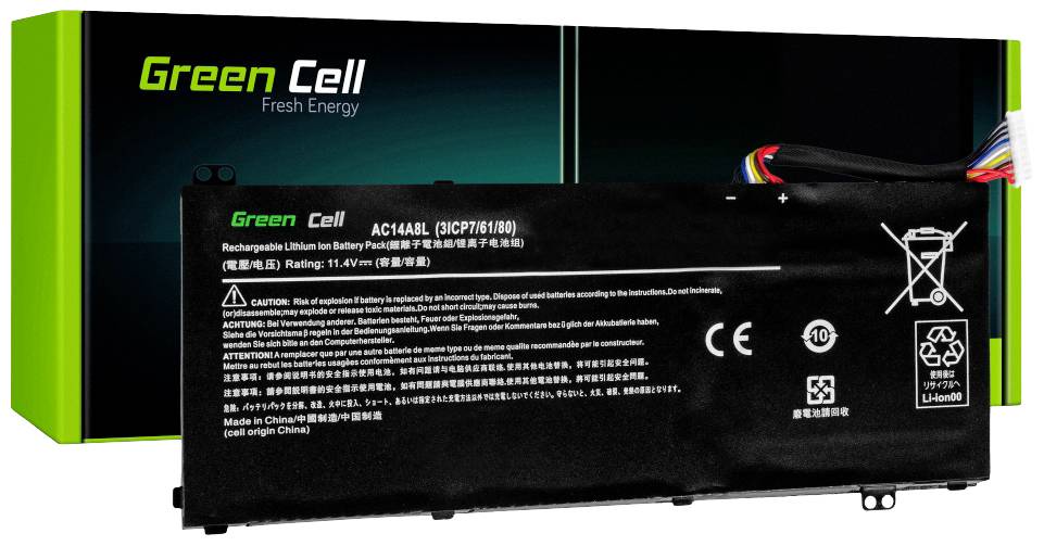 Une batterie lithium-ion rectangulaire et noire de Green Cell, accompagnée de sa spécification technique et d'un texte d'avertissement en plusieurs langues.