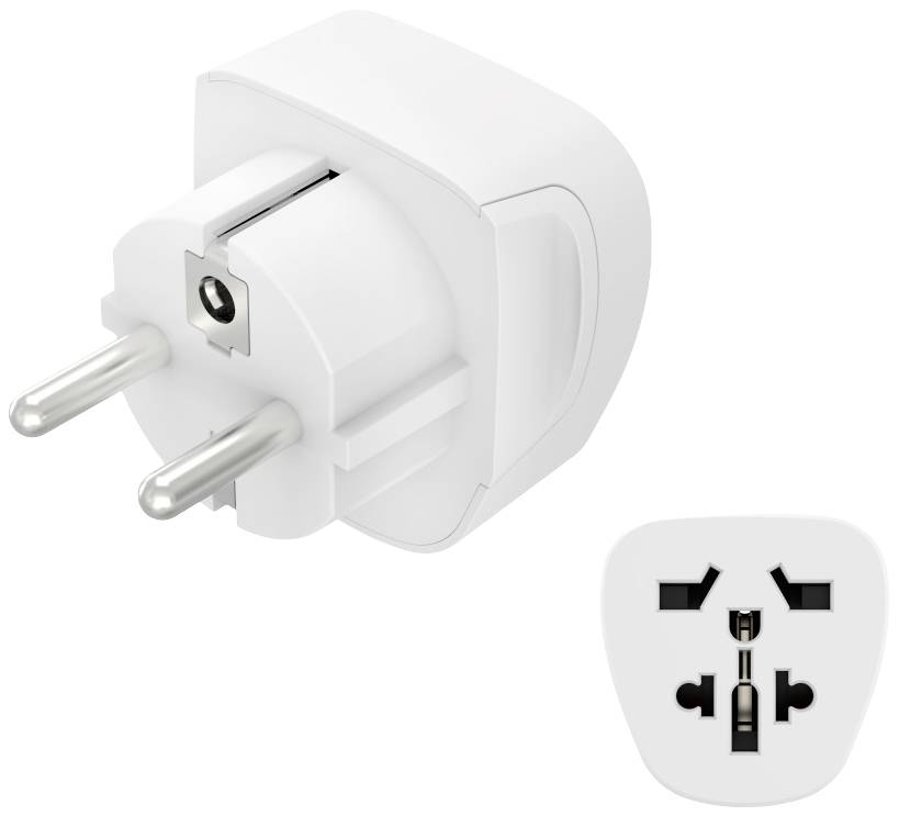 Un adaptateur de prise blanc à deux broches rondes, avec connexion universelle pour différents types de fiches.