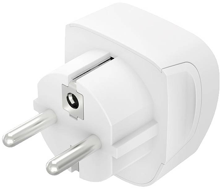 Un adaptateur blanc européen avec deux broches rondes argentées, adapté pour connecter des appareils aux prises électriques européennes.