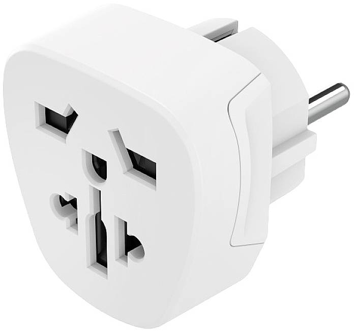 Un adaptateur de voyage universel blanc, compatible avec différents formats de prises électriques à travers le monde.