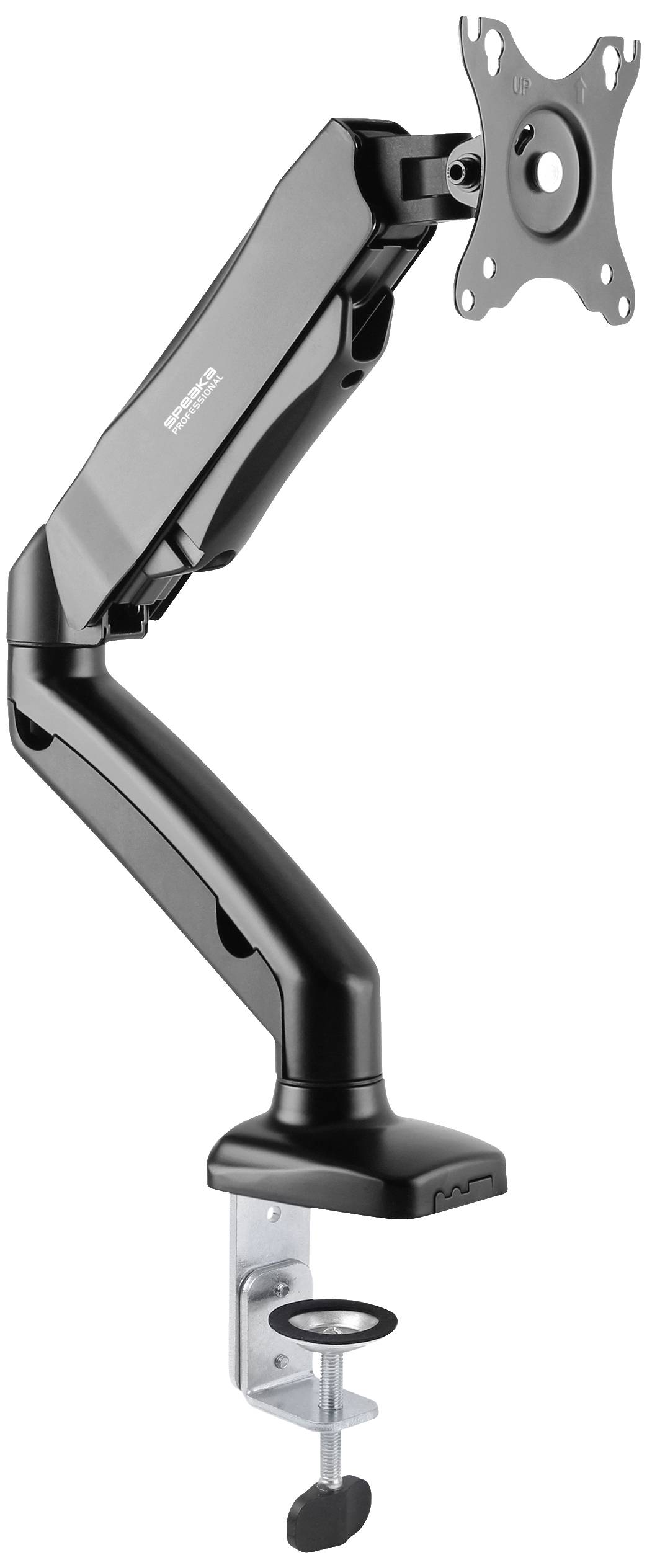 Bras de moniteur noir, réglable, avec fixation par pince pour bureaux, adapté à la fixation flexible d'écrans.