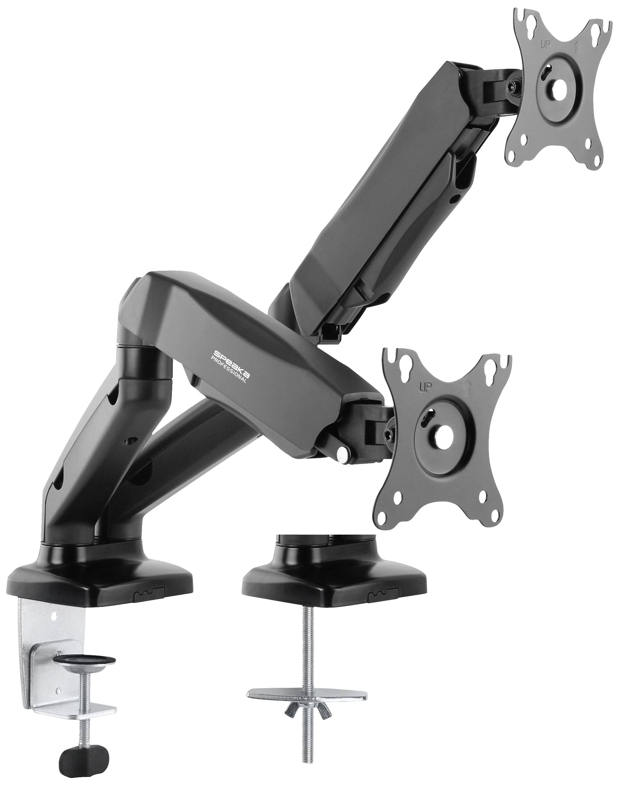 Deux supports de moniteur noirs à bras articulés et pinces de fixation pour montage sur un bord de table.