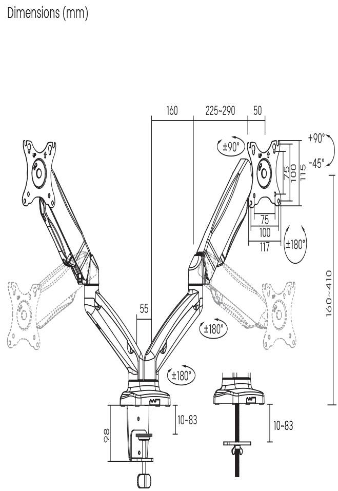 'Dessin technique d'un bras de moniteur double avec dimensions en millimètres, montrant l'angle de mouvement, la réglabilité en hauteur et le système de fixation.'