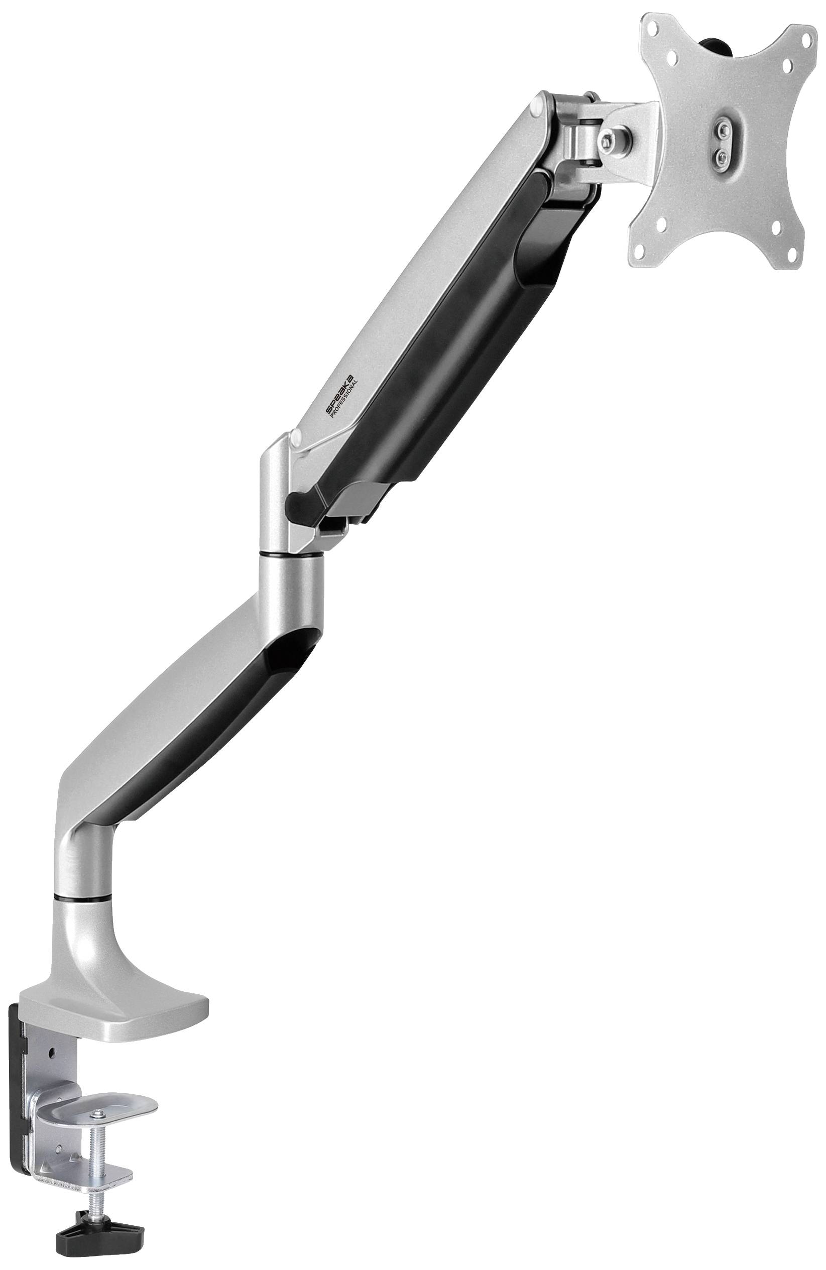 Un bras de moniteur argenté avec fixation par pince, adapté pour fixer un écran sur une table, offrant une flexibilité d'ajustement.