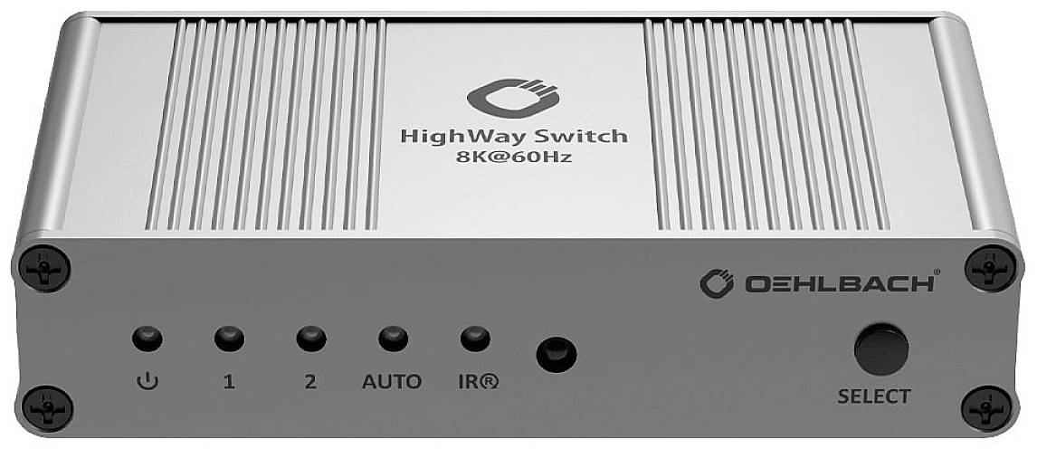 Un commutateur HDMI argenté portant l'inscription 'HighWay Switch 8K@60Hz' et 'OEHLBACH', affichant des boutons pour les entrées et un sélecteur.