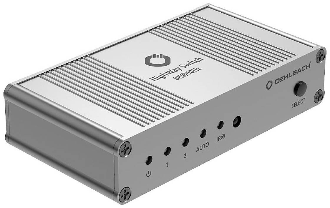 Un commutateur HDMI argenté avec quatre ports et un bouton étiqueté 'SELECT'. Le nom de marque 'Oehlbach' est inscrit sur le côté.