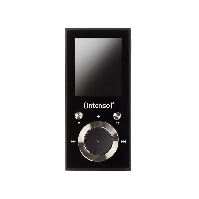 Lecteur MP3 d'Intenso avec écran et touches de contrôle. Affiche les touches de lecture/pause, suivant, précédent et volume.