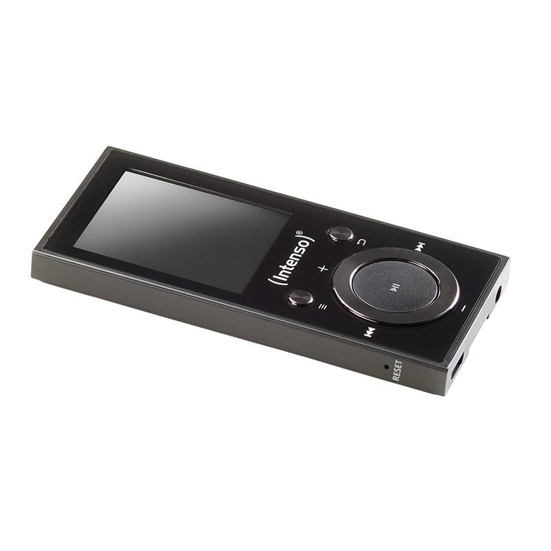 Lecteur MP3 portable noir avec écran et boutons de commande sur la face avant, adapté pour le divertissement musical en déplacement.