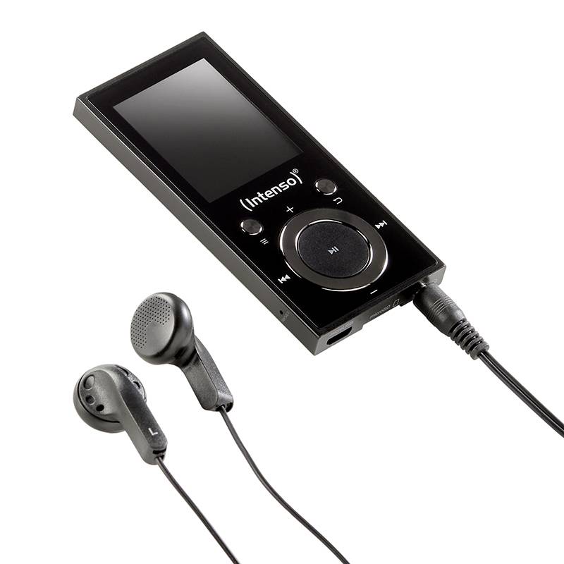 Un lecteur MP3 noir avec écran et boutons, à côté d'écouteurs intra-auriculaires noirs. Le lecteur affiche le logo 'Intenso'.