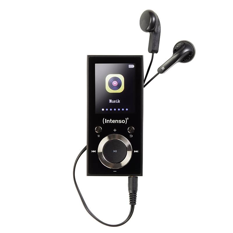 Un lecteur MP3 portable avec des écouteurs filaires, affichant l'écran d'une application musicale. La marque 'Intenso' est visible.