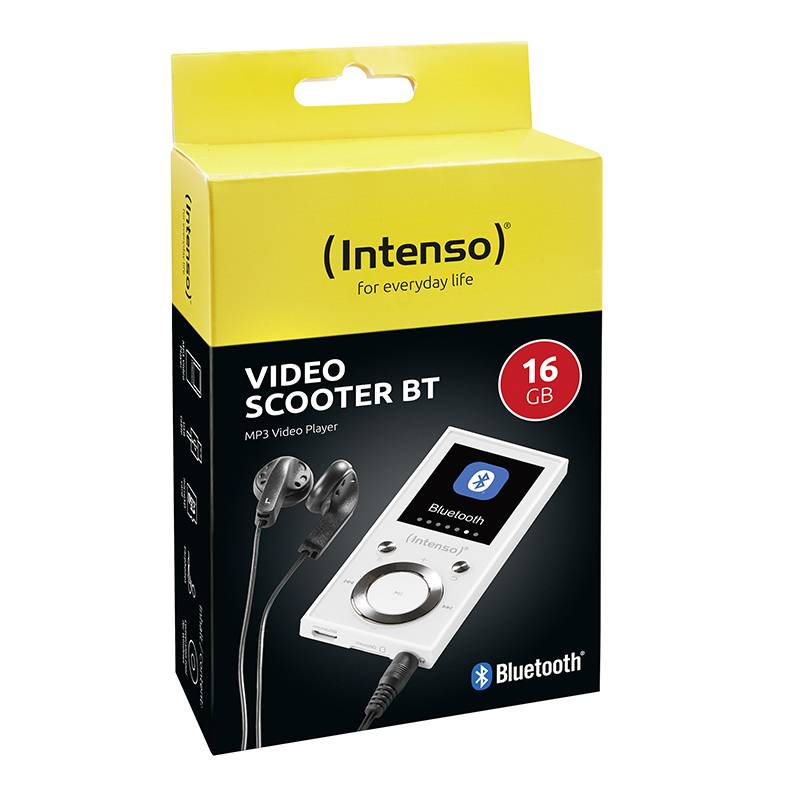 Emballage d'un lecteur MP3 'Intenso Video Scooter BT' de 16 Go. Contient une illustration de l'appareil avec des écouteurs et le logo Bluetooth.