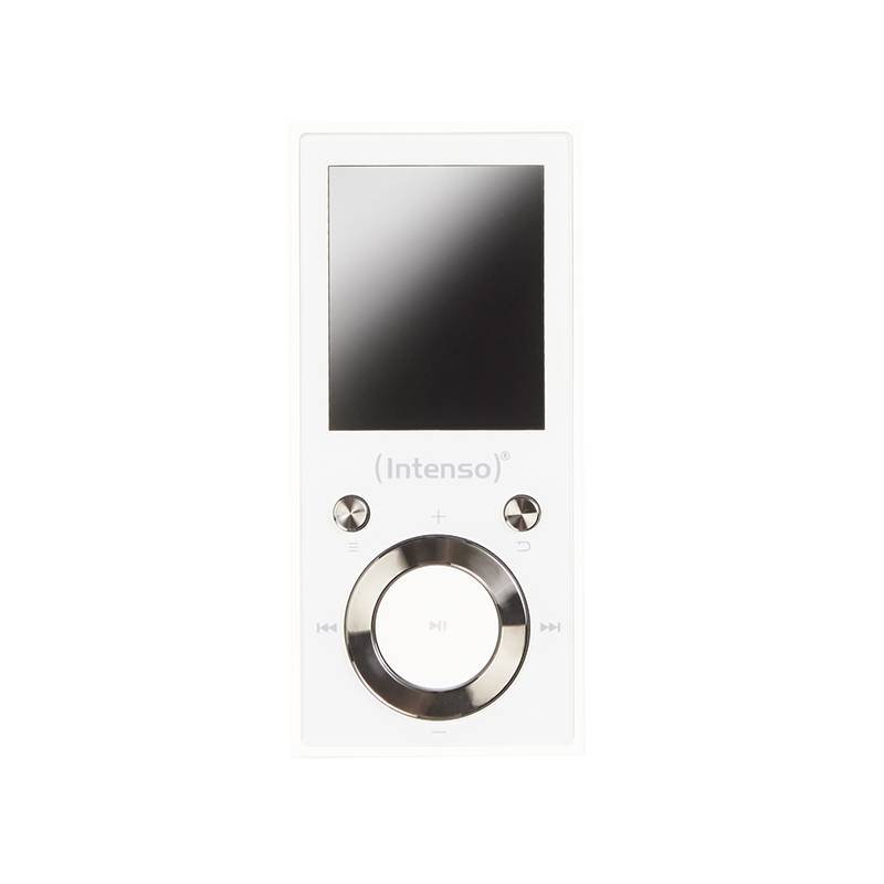 Un lecteur MP3 blanc avec un écran et des boutons de contrôle en dessous.