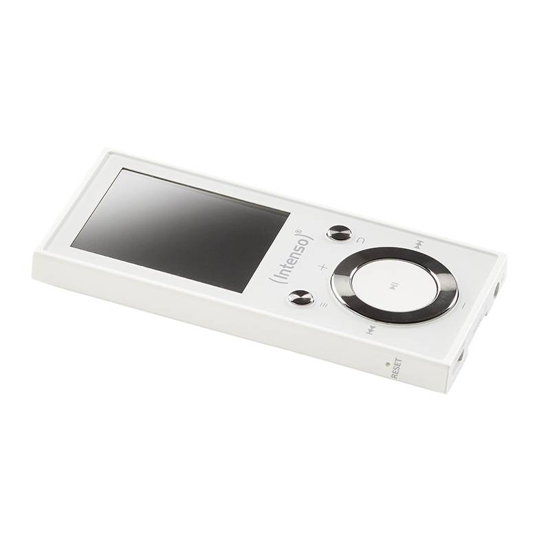 Un lecteur MP3 portable blanc avec un petit écran et des boutons de commande ronds en dessous, comprenant des touches de lecture et de volume.