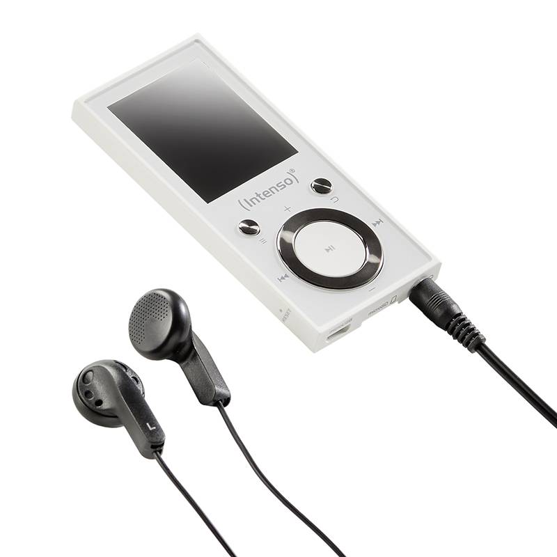 Lecteur de musique numérique portable avec écran intégré et boutons de commande, à côté d'écouteurs noirs filaires.