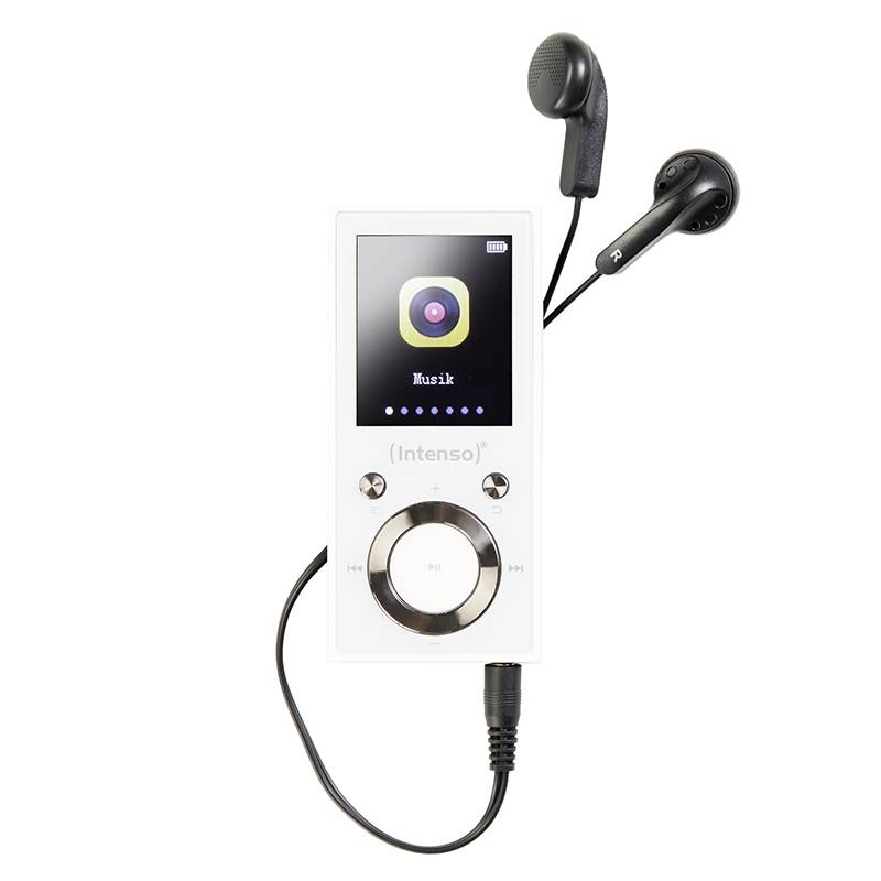 Un lecteur de musique portable blanc avec un petit écran affichant une icône de musique. Des écouteurs noirs sont branchés.
