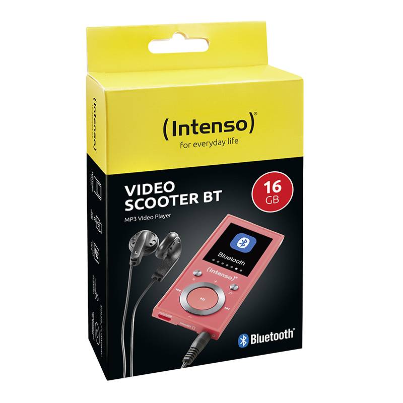 Emballage du lecteur MP3 Intenso Video Scooter BT. Présente l'appareil de couleur rouge, d'une capacité de 16 Go. Comprend des écouteurs.