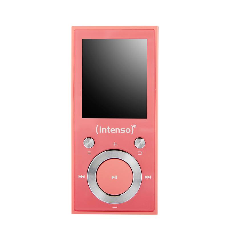 Lecteur média portable rouge avec écran et touches de contrôle : Lecture, Pause, Suivant, Précédent. Nom de marque 'Intenso' visible.