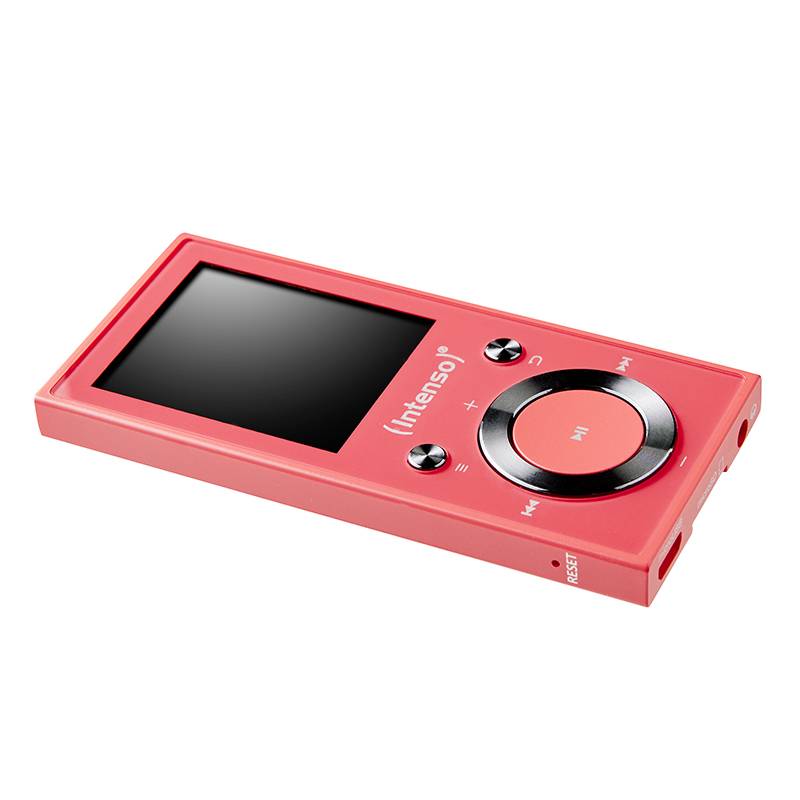 Un lecteur MP3 rouge avec écran et boutons de commande, comprenant des touches de lecture/pause, suivant et précédent.