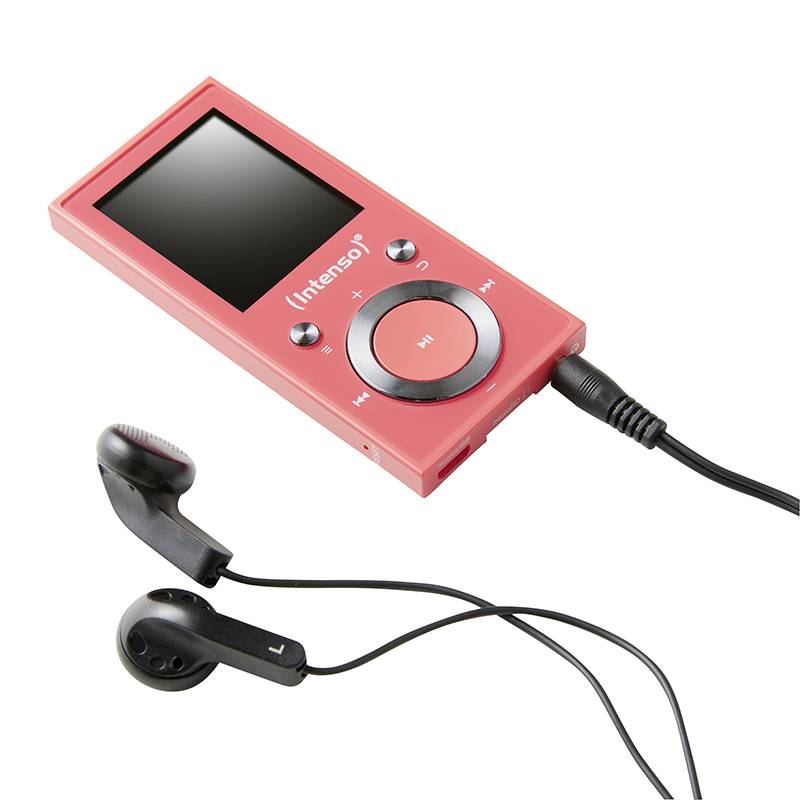 Un lecteur MP3 rose avec un écran et des boutons de commande, relié à des écouteurs noirs.
