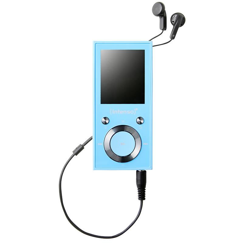 Un lecteur MP3 bleu avec des écouteurs, un écran et des touches de commande.