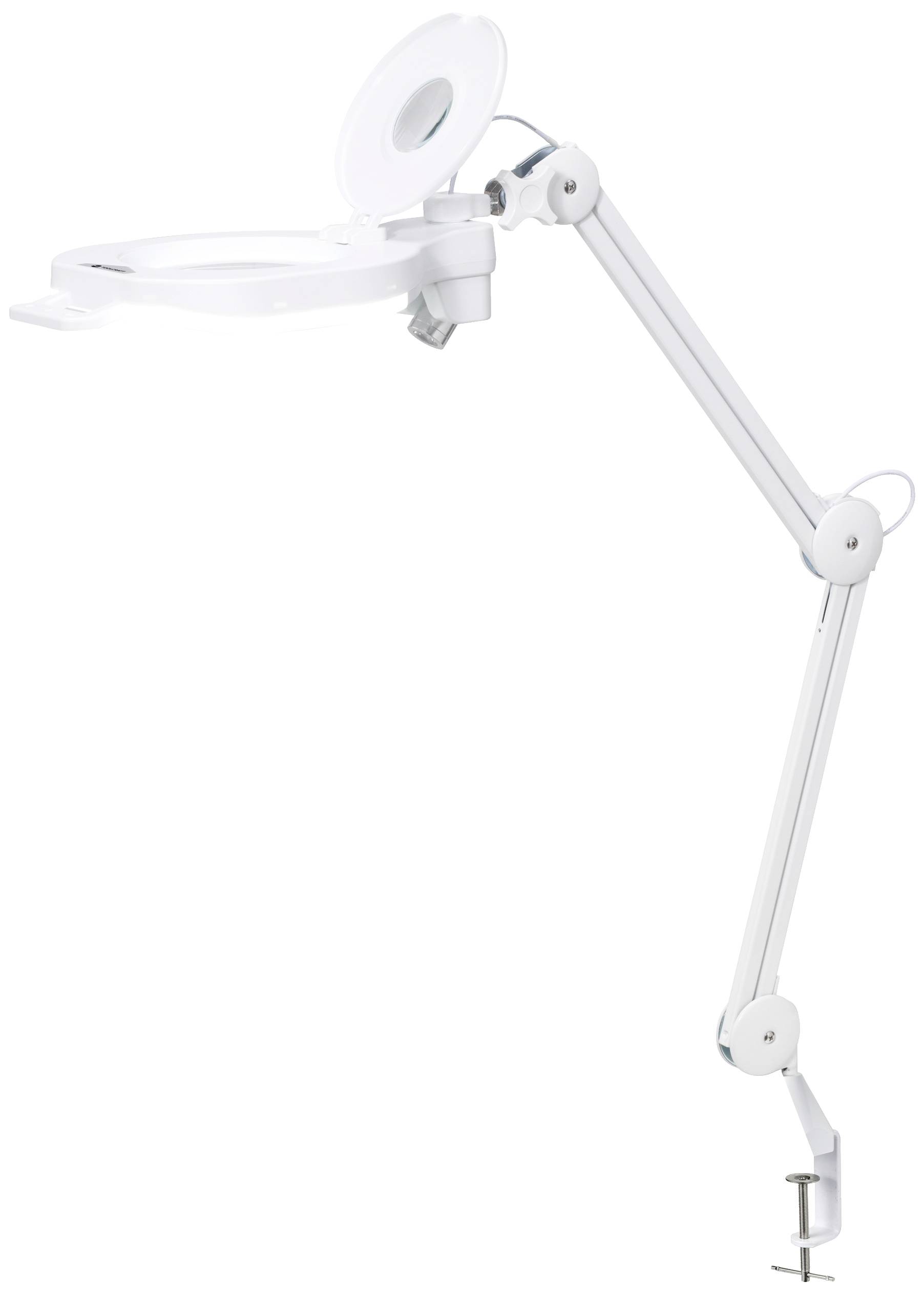 Lampe loupe blanche réglable avec fixation par pince, adaptée aux travaux de précision, tels que l'artisanat ou la lecture de petits textes.