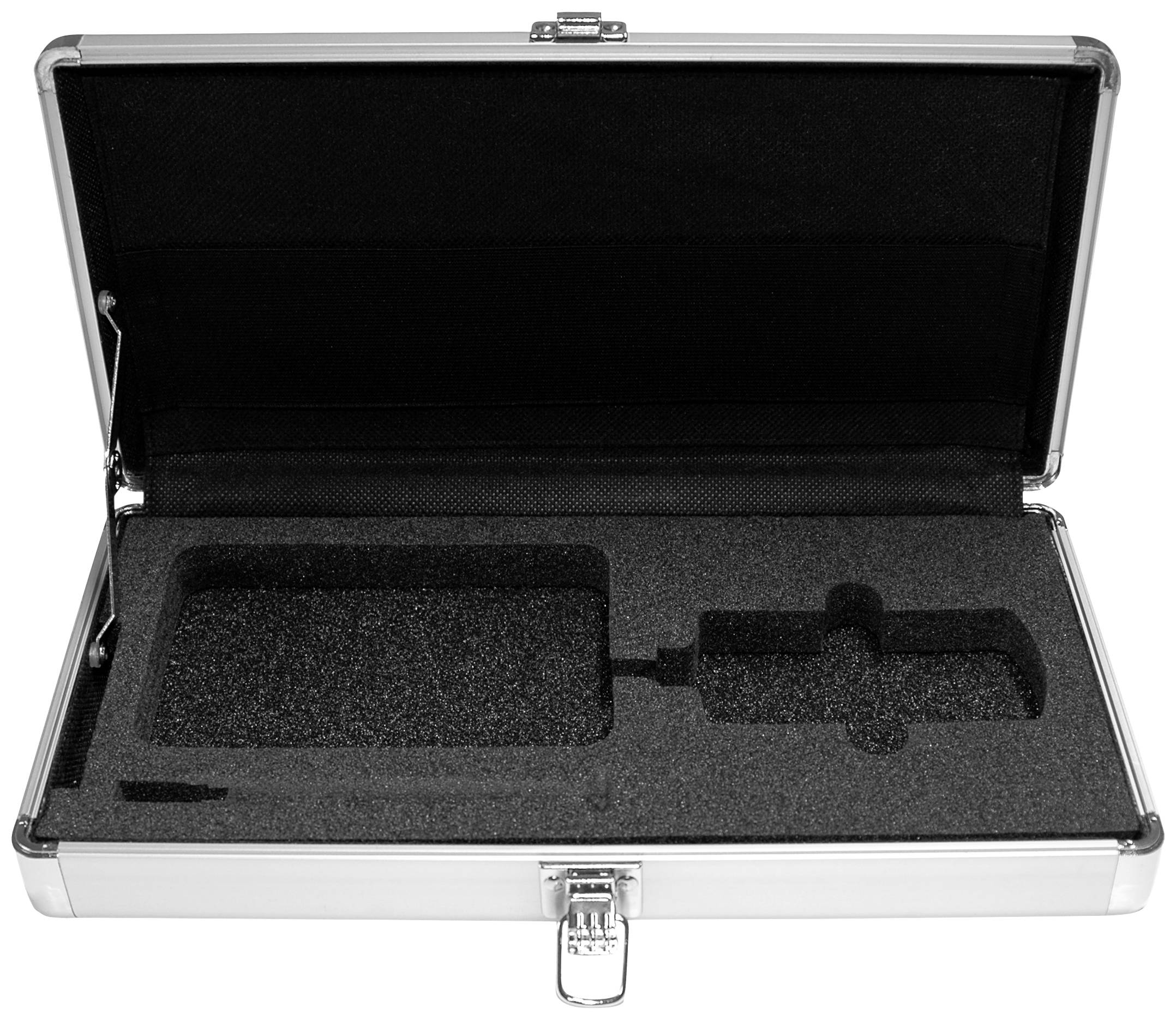 Valise ouverte avec garniture en mousse, offrant un espace pour un appareil rectangulaire et ses accessoires. Aucun contenu n'est visible.